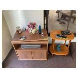 Two Wooden Tables with Electronics and Decor Lot
