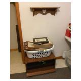 Lot of Household Furniture Including Media Cabinet, Wall Shelf, and Picture Frames