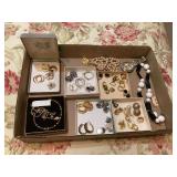 Costume Jewelry Assortment Including Liz Claiborne Bracelet, Nolan Miller Box, Necklaces, and Earrings