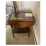 Wooden Drop-Leaf Tea Cart with Glass Top and Lower Shelf
