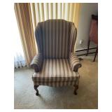 Upholstered Wingback Armchair with Brown and Beige Striped Pattern