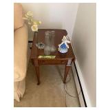 Wooden Side Table with Contents Including Vases, Figurine, and Artificial Flowers