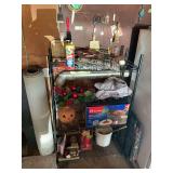 Lot of Garage Organization, Tools, and Household Items including Pegboard Accessories and Shelving Unit