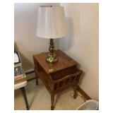 Wooden End Table with Integrated Magazine Rack and Brass Finish Table Lamp