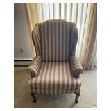 Upholstered Striped Wingback Armchair with Wooden Cabriole Legs