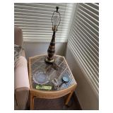 Rattan and Glass Top End Table with Lamp and Small Decor Items