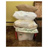 Assorted Pillows and Linens with Storage Tote