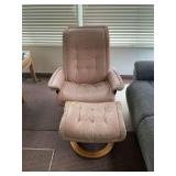 Pink Tufted Reclining Lounge Chair with Matching Ottoman and Wooden Base
