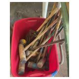Assorted Wooden Croquet Mallets and Balls in Plastic Bin