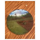 Original Farm Landscape Painting on Circular Saw Blade Signed Kean 
