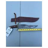 Large Bowie Knife with Wooden Handle and Leather Sheath