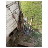 Assorted Yard and Garden Tools Including Loppers and Shepherd Hooks