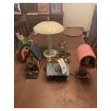 Assorted Decorative Table Lamps and Wooden Birdhouses Lot