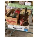 Assorted Collectibles Including Cigar Boxes, Hand-Cranked Bottle Capper, and Craft Supplies