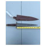Large Fixed Blade Fighting Knife with Wooden Handle and Leather Sheath