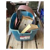 Assorted Sanding Belts and Workshop Hardware in Rubbermaid Bucket