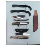 Assorted Collection of Fixed Blade Knives, Machetes, and Sheaths