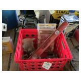 Red Crate Lot of Tools, Storage Hooks, Level, and Hardware Components