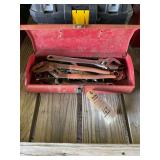 Red Metal Tool Box with Assorted Hand Tools