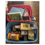 Two Totes Filled with Collectible Advertising Tins and Office Supplies