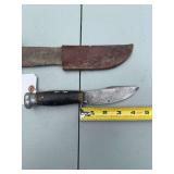 Fixed Blade Hunting Knife with Stacked Leather Handle and Sheath