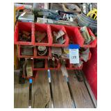 Red Plastic Parts Bins with Assorted Hardware and Shop Supplies