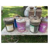 Assorted Five-Gallon Buckets of Automotive and Agricultural Fluids including Harvest King and Mystik