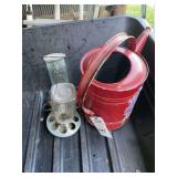Red Metal Watering Can and Glass Poultry Feeder Lot