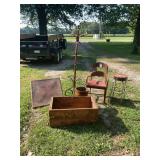 Assorted Furniture and Collectibles Lot including American Buggy Company Crate, Coat Tree, Chair, Stool, Table Top, and Wooden Bucket