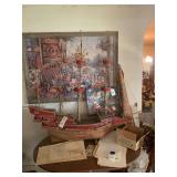 Handmade Wooden Model Ship with Rigging and Blueprints