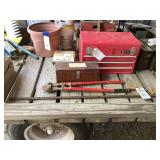 Assorted Hand Tools Including Bolt Cutters, Wood Clamp, and Saw Blades in Wooden Box