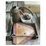 Assorted Farm Equipment and Hardware Lot including Slow Moving Vehicle Sign and Oil Can