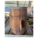 Wooden Barrel with Metal Hoops and Attached Garden Stakes