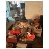Large Collection of Halloween Decor Including Scarecrow Figure and Lighted Haunted House