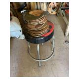 Metal Frame Bar Stool with Padded Seat and Stack of Painted Wooden Discs