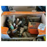 Assorted Hand Tools and Hardware Lot including Saw Horse Brackets and Drill Bit Set