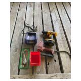Assorted Tools and Storage Lot Including Dewalt Drill, Kobalt Charger, and Staple Gun