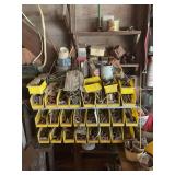 Assorted Workshop Hardware in Yellow Storage Bins and Shelving
