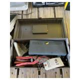 Grey Plastic Toolbox Containing Assorted Hand Tools and Hardware