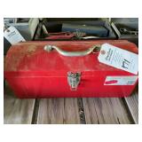 Red Metal Tool Box with Assorted Tools and Hardware