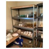 Assorted Glassware and Dishware Lot on Shelving Unit