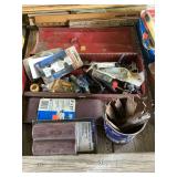 Metal Tool Box Containing Miscellaneous Hand Tools, Hardware, and Abrasives