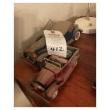 Lot of Two Pressed Steel Toy Vehicles Including Blue Roadster and Red Pickup Truck