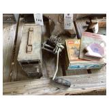Lot of Tools Including Wen All Vise, Magnetic Welding Holder, Hand Winch, and Metal Storage Canister