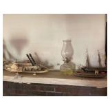 Collection of Three Model Ships and Glass Oil Lamp