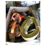Box of Assorted Tie Downs, Bungee Cords, and Hardware