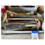 Assorted Hand Tools and Metal Tray Including Norlund Hatchet and Pry Bars