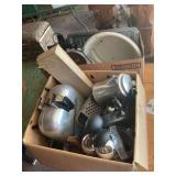 Box Lot of Kitchenware and Small Appliances including Sunbeam Broiler Cover and Coffee Maker