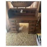 Wooden Roll-Top Desk with Multiple Drawers and Cubbies