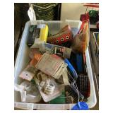 Assorted Hardware, Screws, Washers, and Wire Brushes in Plastic Bin